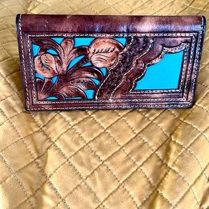 New Hand Made Tooled Leather Wallet with Floral Design